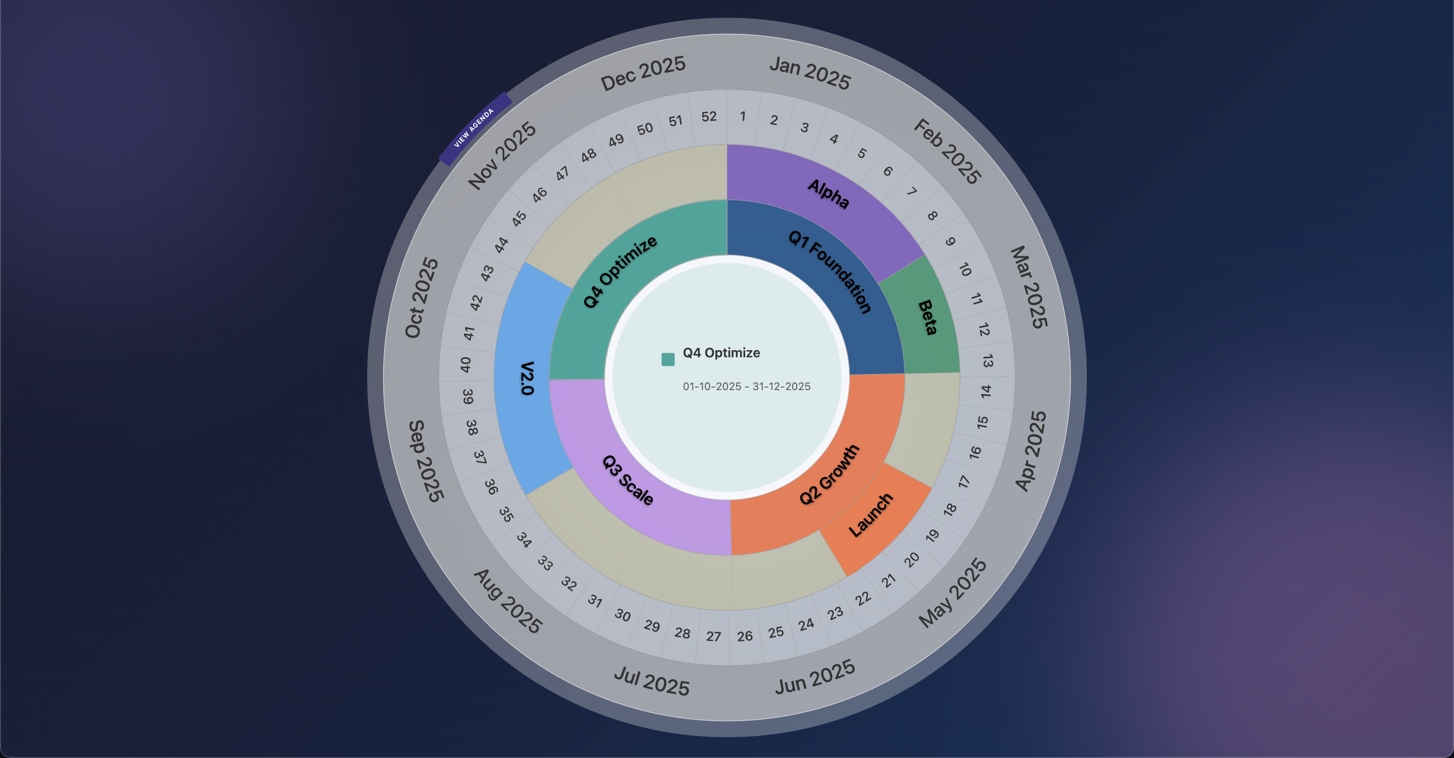 Circalify running on MacBook showing interactive circular timeline visualization with multiple rings displaying quarterly projects, monthly milestones, weekly calendar, and month names